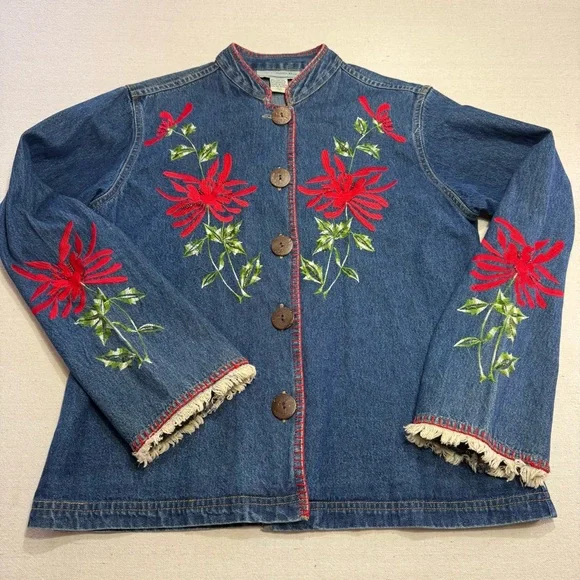 Carrie Allen - Embroidered Denim Jacket with Red Floral Accents - Size Large - Picture 6 of 15